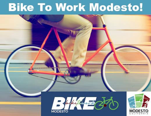Bike to Work Modesto, City of Modesto logo, image of person riding a bike on a city street
