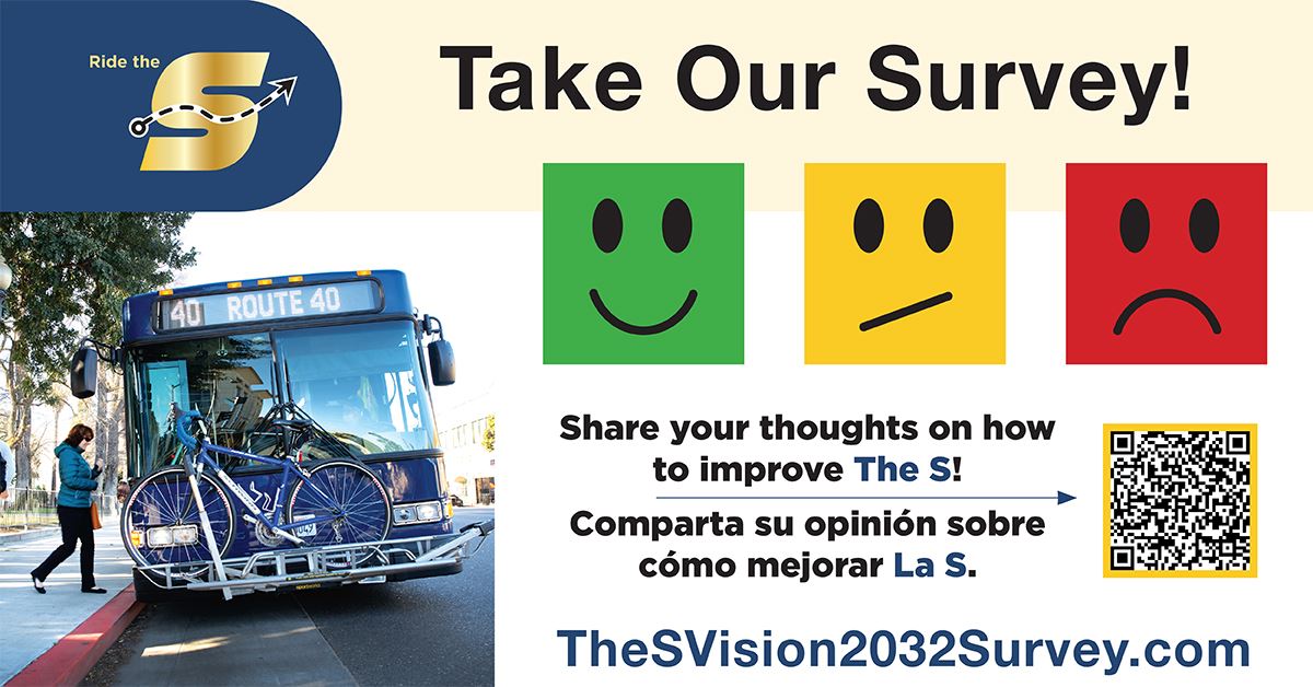 Take Our Survey! TheSVision2032Survey.com, The S Logo, image of person boarding The S bus, QR code