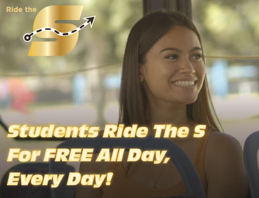 Students ride the S for free all day every day, image of a youth riding the bus, Ride the S logo