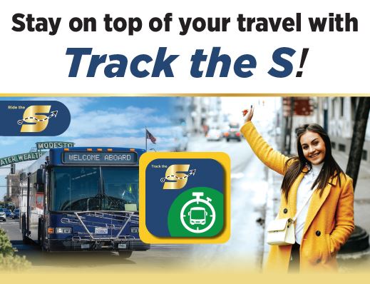 Stay on top of your travel with Track The S, images of a rider, The S bus, Track the S app icon