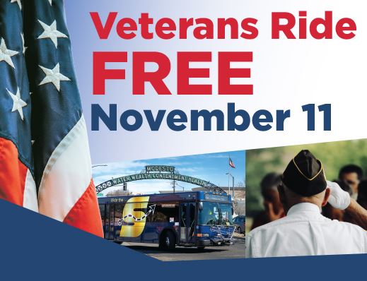 Veterans ride free, November 11, image of The S bus, image of uniformed man saluting