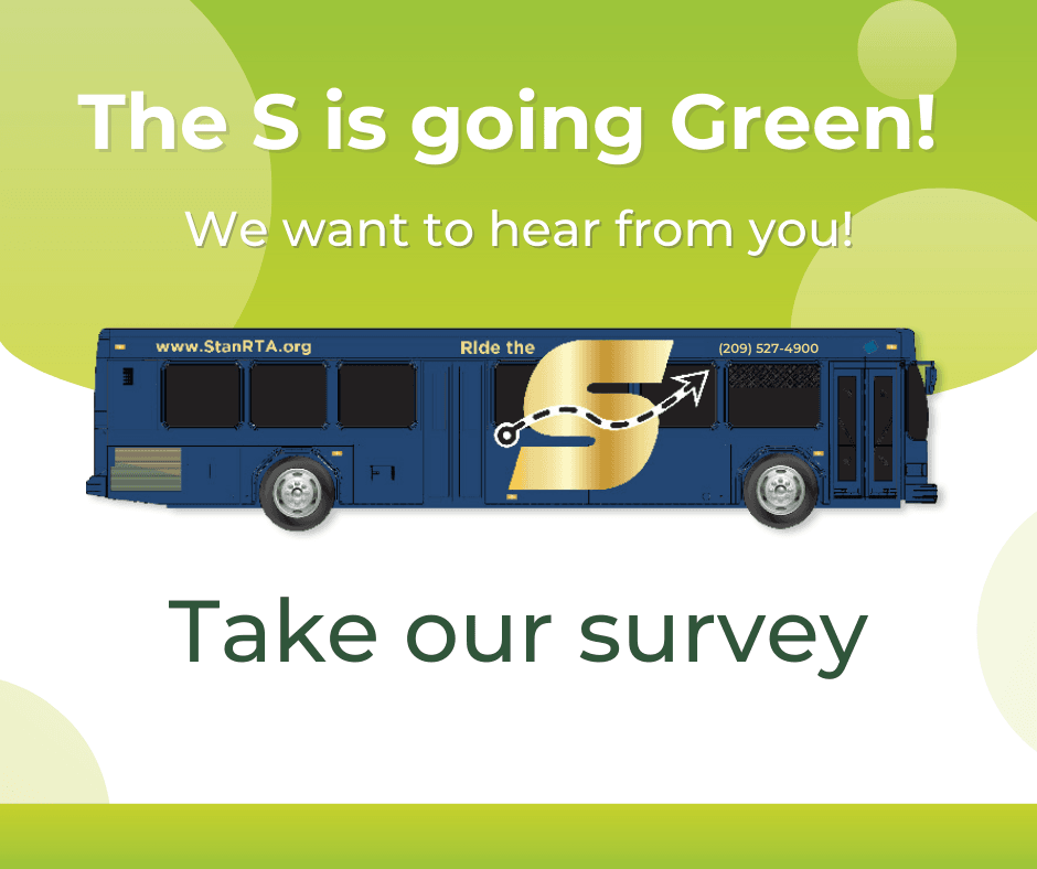 The S is going green, we want to hear from you, take our survey, image of The S bus