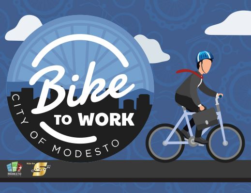 Bike to Work, City of Modesto, image of person riding a bike, City and Ride The S logos