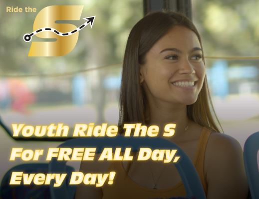 Ride The S, Youth Ride The S for Free all day every day, image of a youth on the bus
