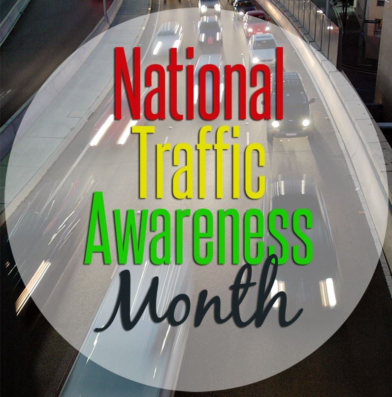 National Traffic Awareness Month, background image of a multi-lane highway with vehicles 