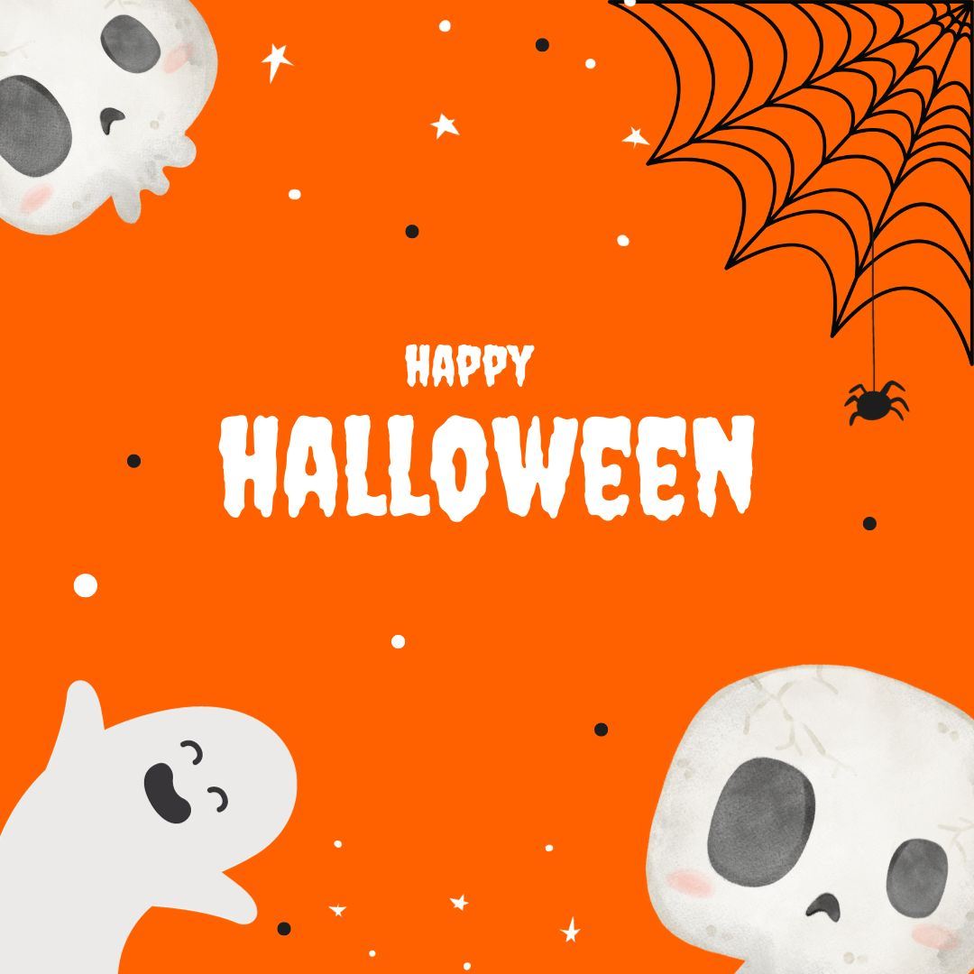 Happy Halloween, images of a ghost, a spider with its web, cartoon skulls