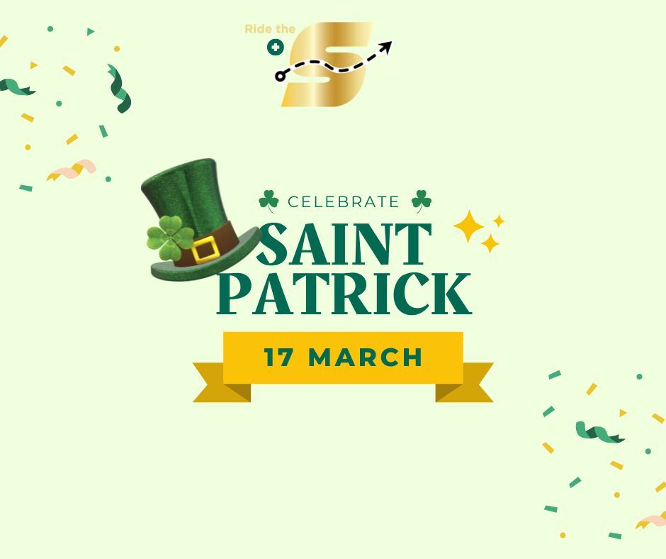 Celebrate St. Patrick March 17, Ride the S logo, images of shamrocks, confetti, leprechaun hat