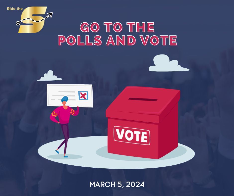 Go to the polls and vote March 5, 2024, Ride The S logo, cartoon illustration of a person voting