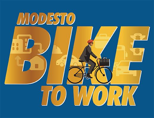 Modesto Bike To Work, image of person wearing a suit and helmet riding a bike with a briefcase