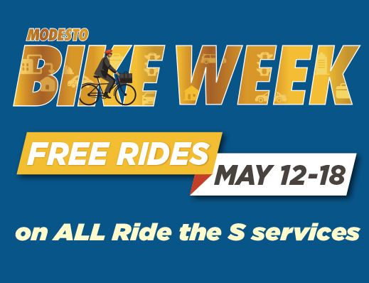 Modesto Bike Week, Free Rides May 12-18 2024 on all Ride The S services, image of a cyclist