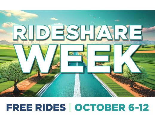 Rideshare Week, free rides, October 6 12, image of a tree-lined road with city in the background