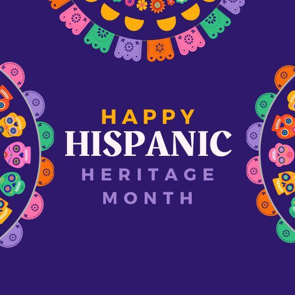 Happy Hispanic Heritage Month with purple background and images colorful folk art