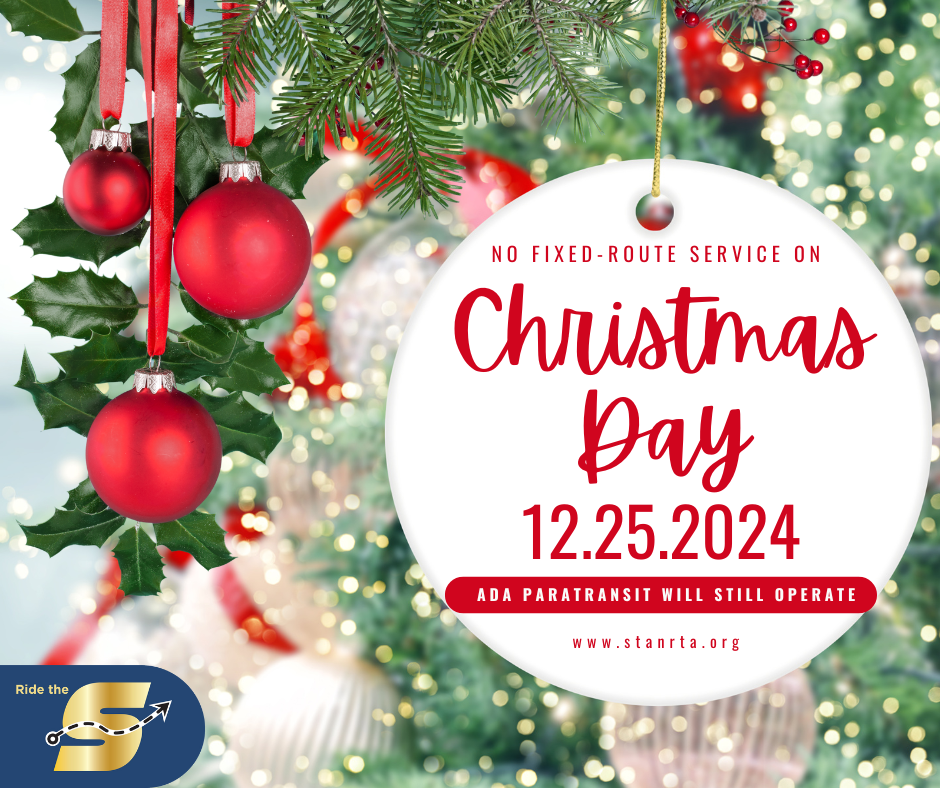 No fixed route service on Christmas 12.25.24, Ride the S logo, background Christmas decor