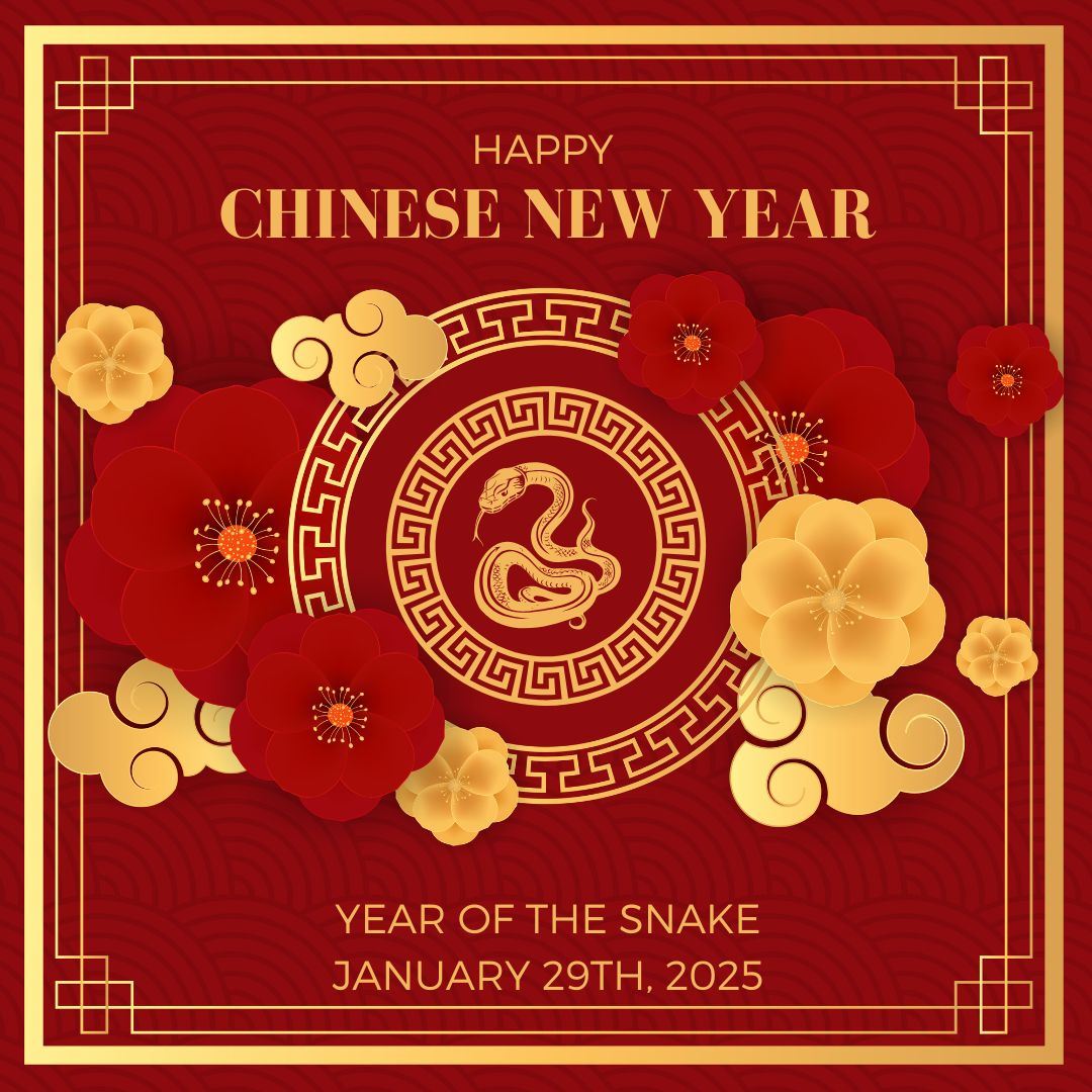 Happy Chinese New Year of the Snake January 29, 2025, image of red gold snake and flowers