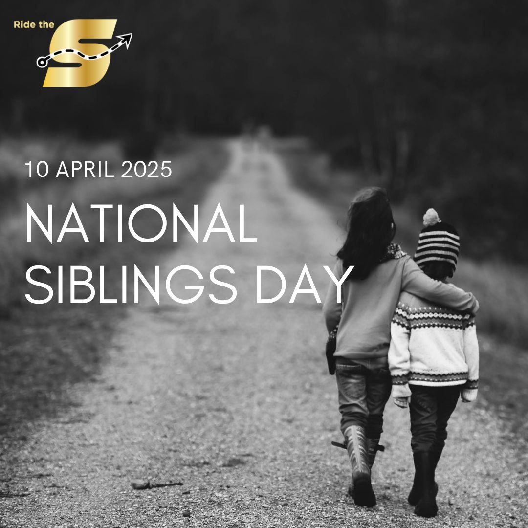 National Siblings Day, Ride the S logo, black and white image of two children walking away