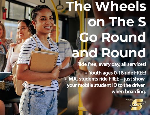 Image of a student riding a bus, youth 0-18 ride free, mjc students ride free, show ID to driver