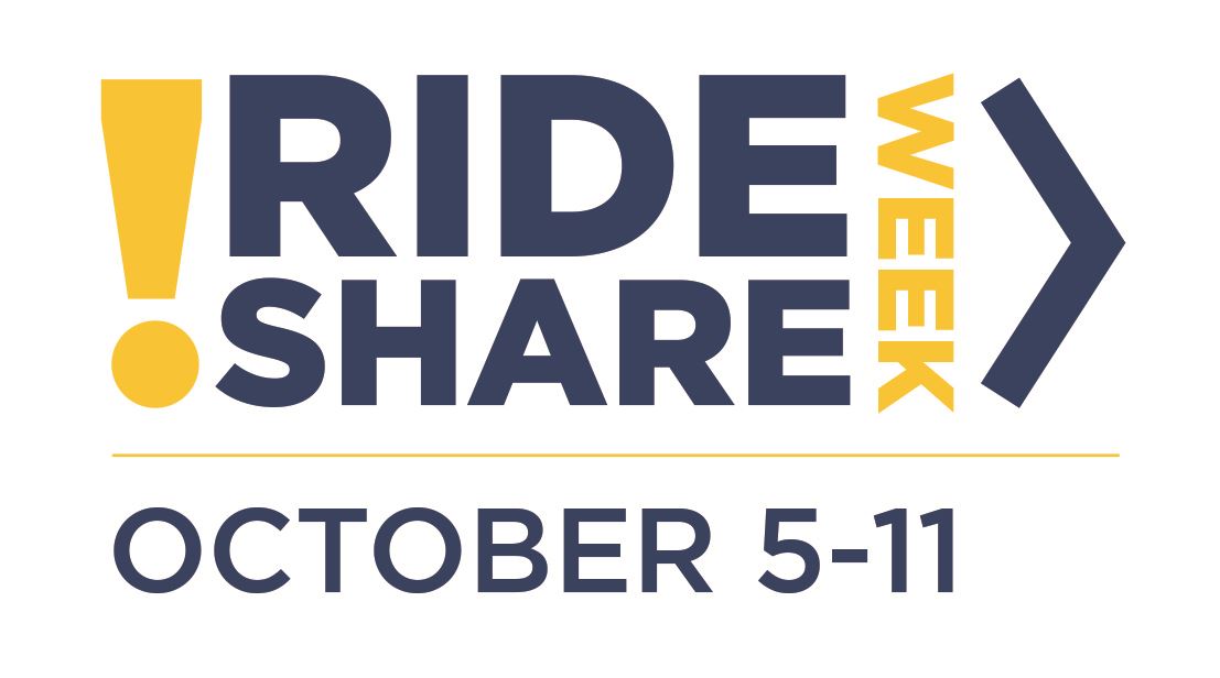 Rideshare Week - October 5-11, image of large gold exclamation point and large blue arrow