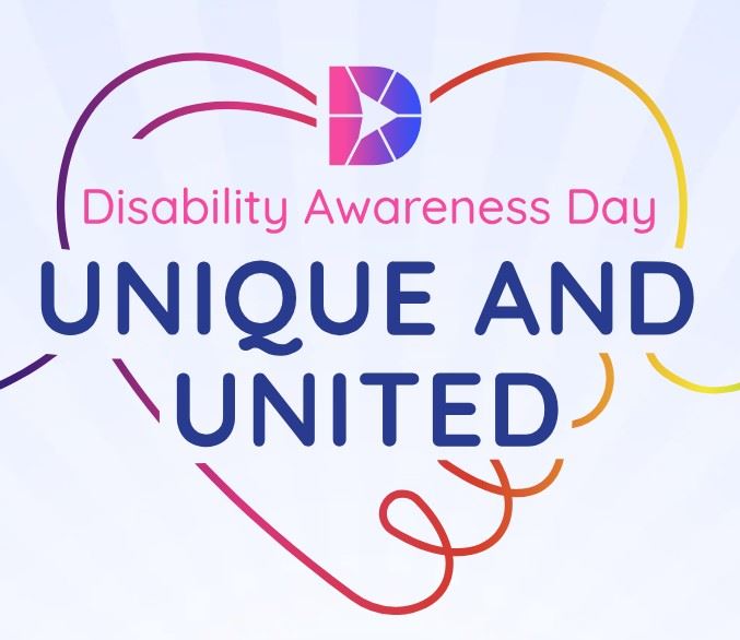 Disability Awareness Day, Unique and United, image of a line drawing heart shape, DRAIL logo