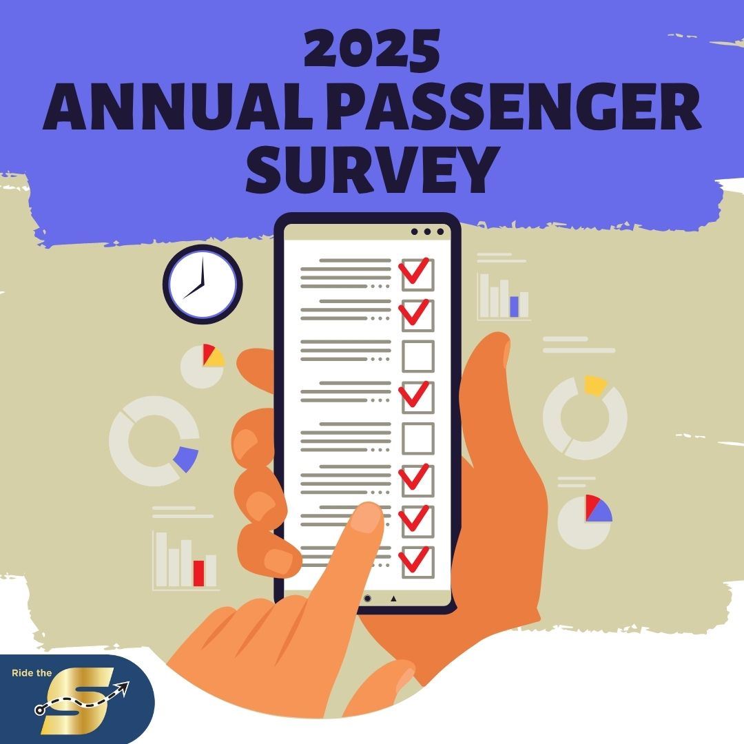 2025 Annual Passenger Survey, Ride The S logo, image of a cartoon cell phone with check boxes