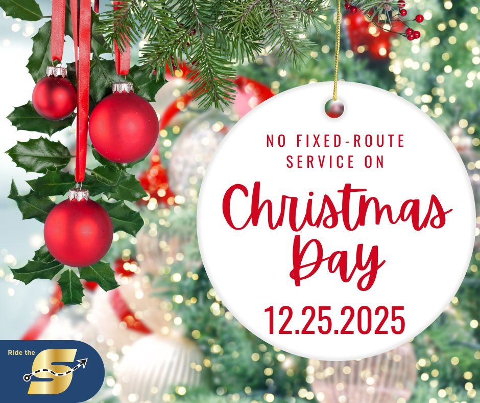 No Fixed Route Service on Christmas Day 12.25.25, image of holiday lights and decorations