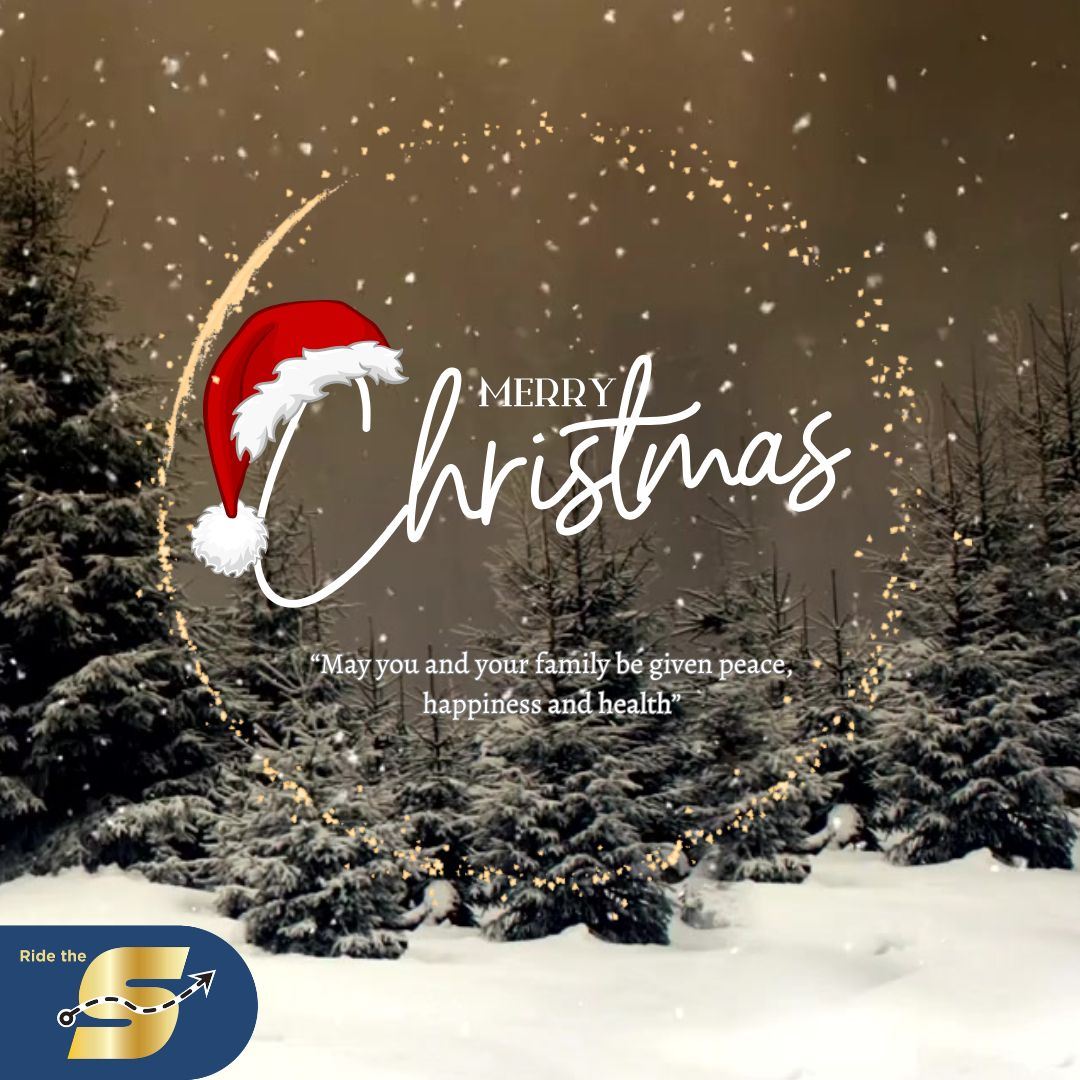 Merry Christmas, Ride The S logo, May you and your family be given peace, happiness & health, snowy