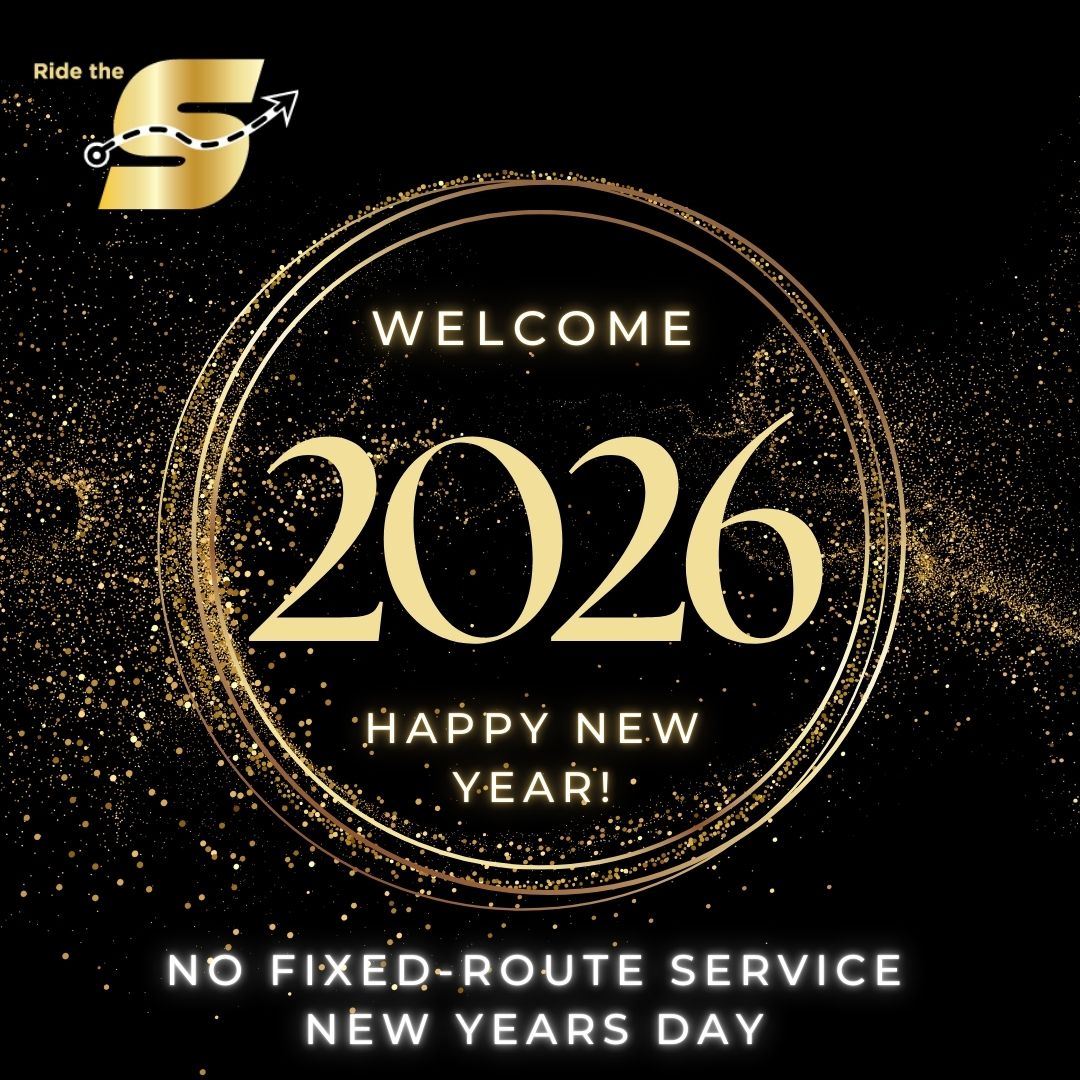 Welcome 2026, Happy New Year, no fixed route service new years day, black and gold 
