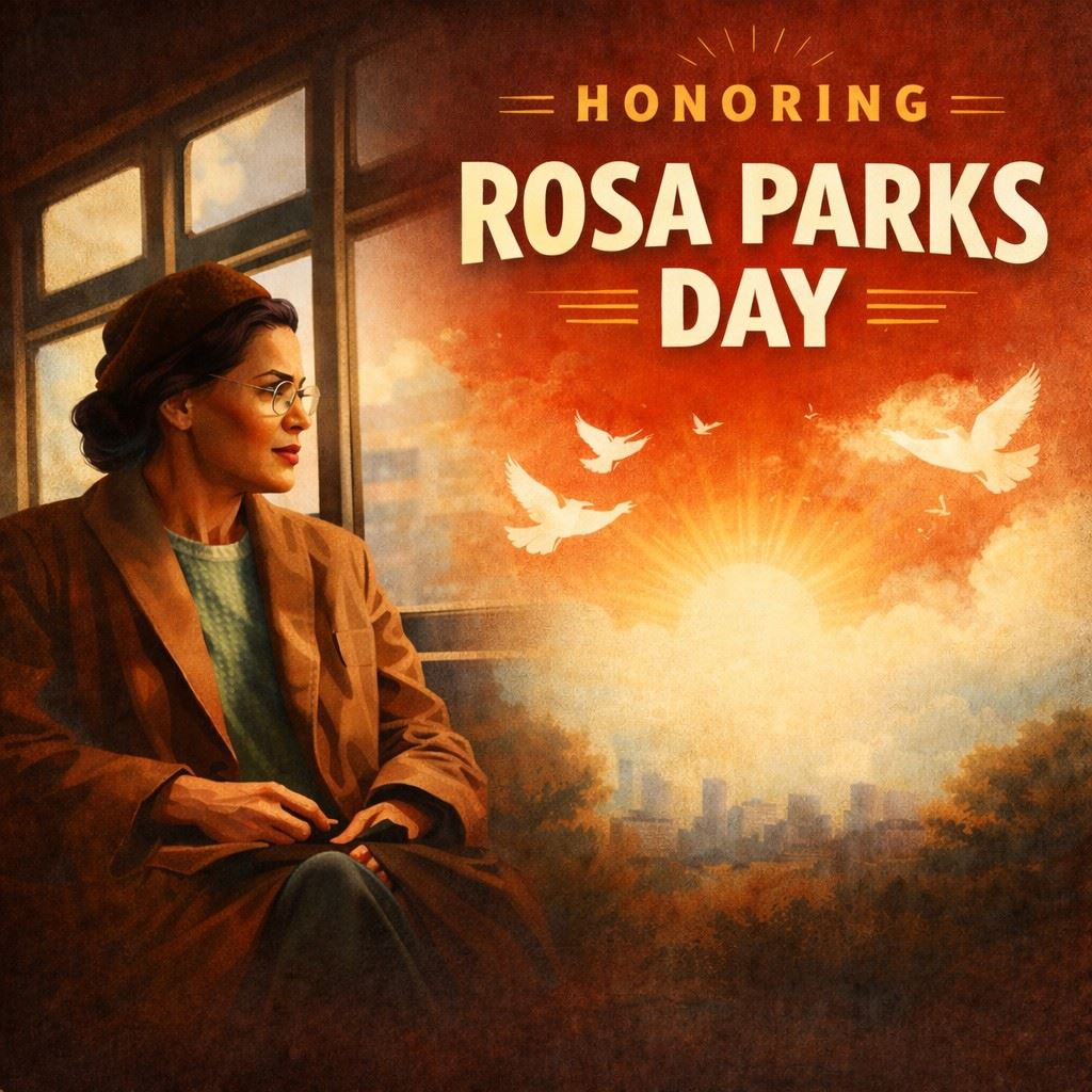 Honoring Rosa Parks Day, image of a woman looking out a window at birds flying over a city skyline