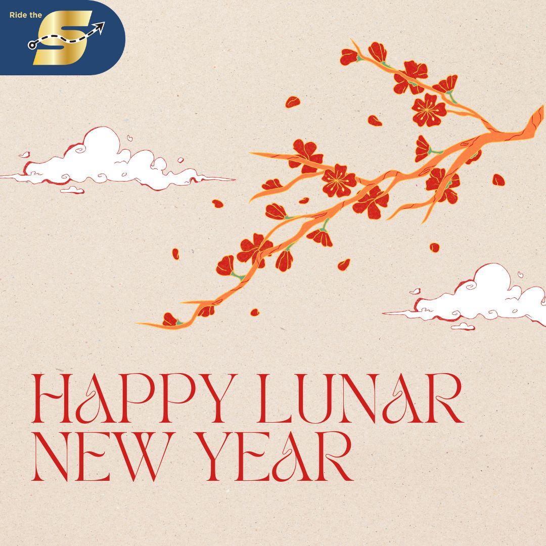 Happy Lunar New Year, Ride The S logo, image of cherry blossoms on a pink backgound with clouds