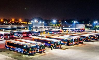 Bus yard at night