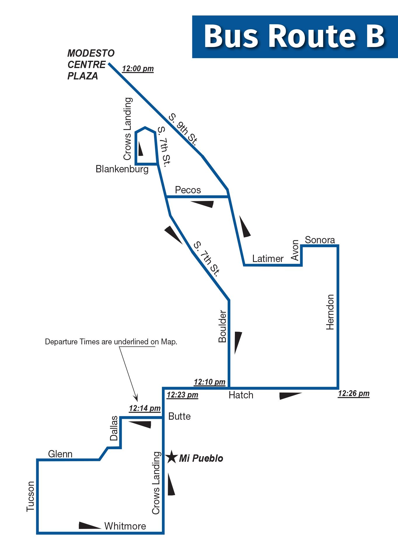 Route B departs from Boulder and Hatch at 12:10 p.m., Butte and Crows Landing at 12:14 p.m., Crows L